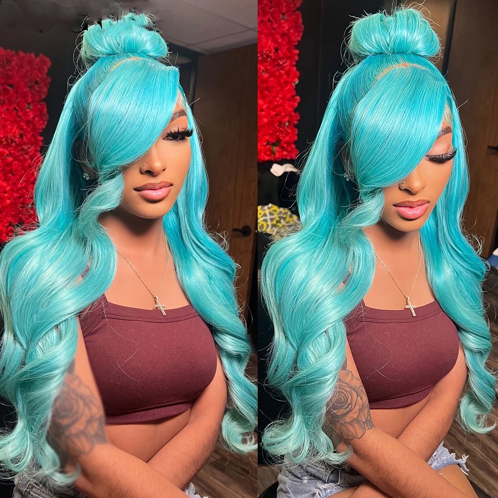 13x4 Lace Front Wig Light Blue Body Wave 26 Inch - Fluffy Heat-Resistant Synthetic Hair, 180% Density Glueless Wig for Women, Middle Part for Daily, Party, Cosplay & Halloween, Wig Accessories